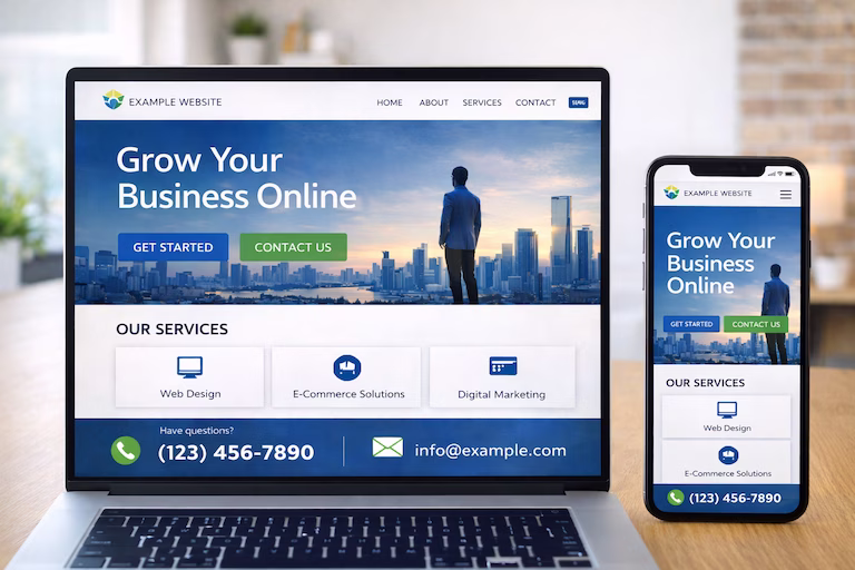 Comparison of responsive website design on desktop and mobile devices showing perfect adaptation