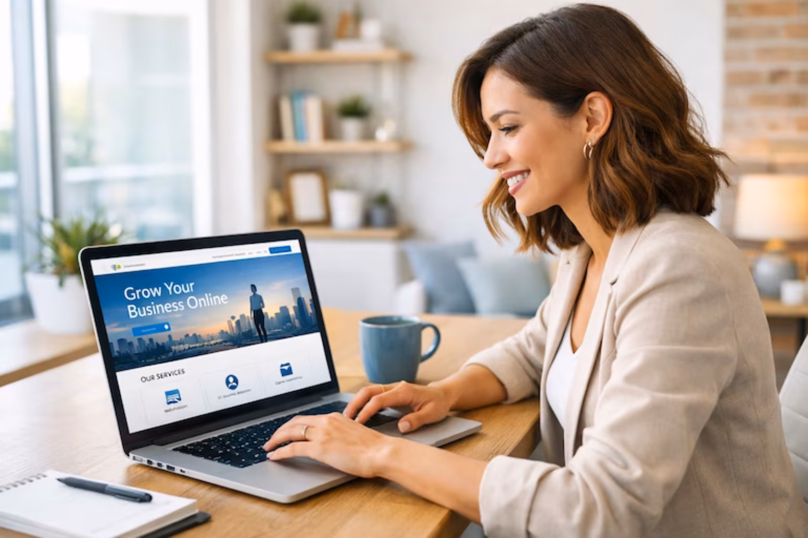 Small business owner reviewing professional website design on laptop