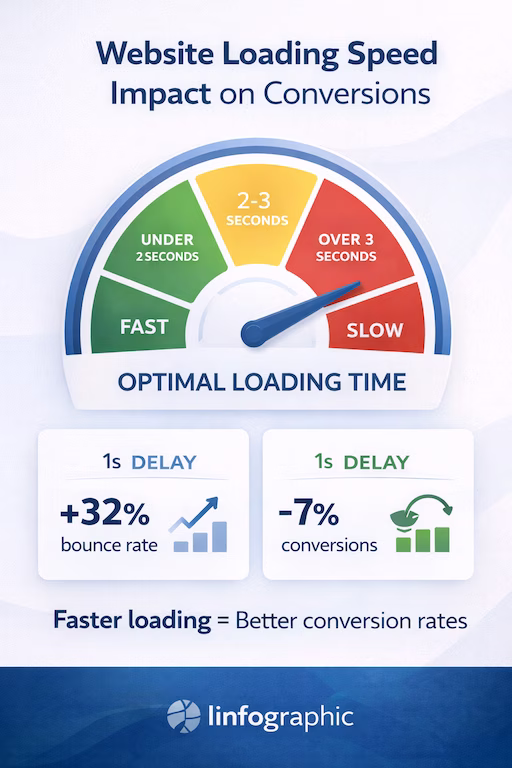 Infographic showing how website loading speed impacts conversions with optimal time targets
